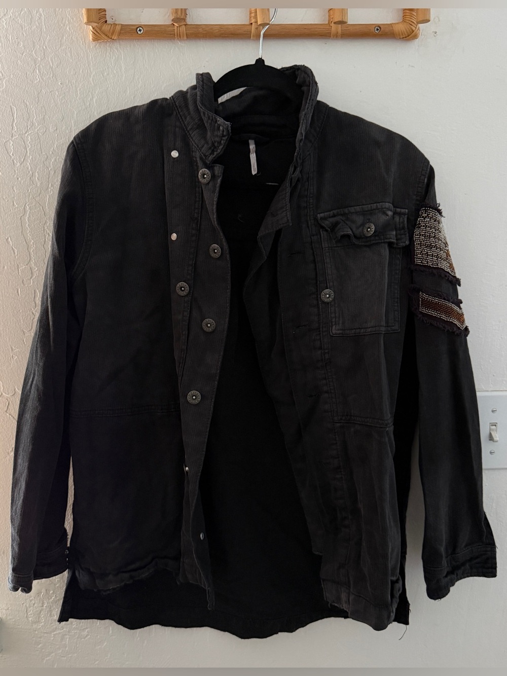 Free People Dark Gret Military-Style Field Jacket with Patch Detail